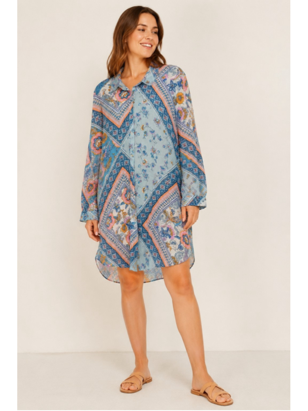 Monsoon Beach L Blue Floral Scarf Print Cotton Tunic Shirt Dress Boho